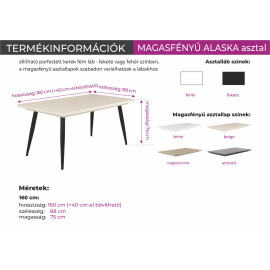Alaska magasfényű asztal - Több szín | Bővíthető | 160 